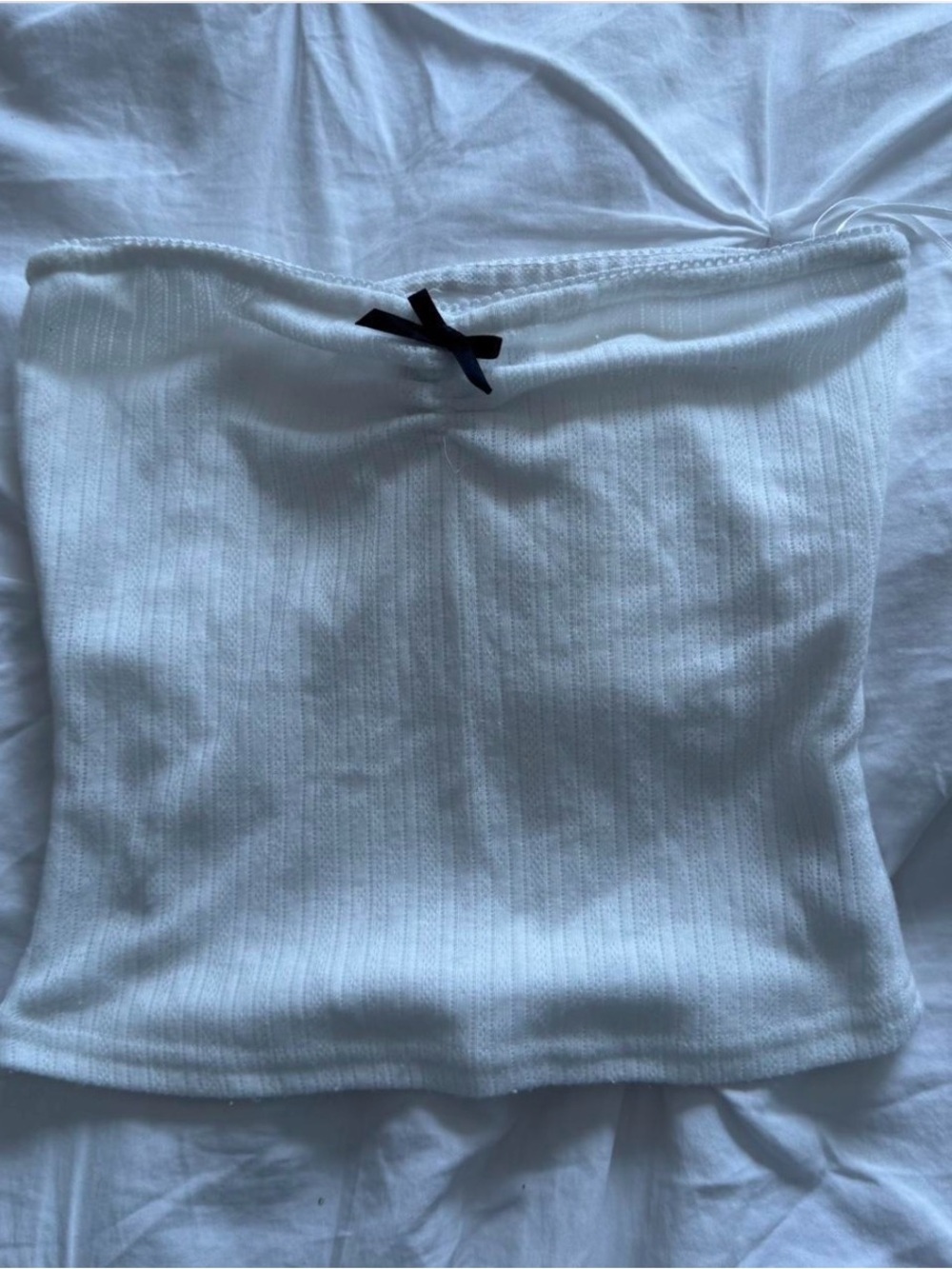 Princess Polly White Ribbed Strapless Top with Black Bow Accent